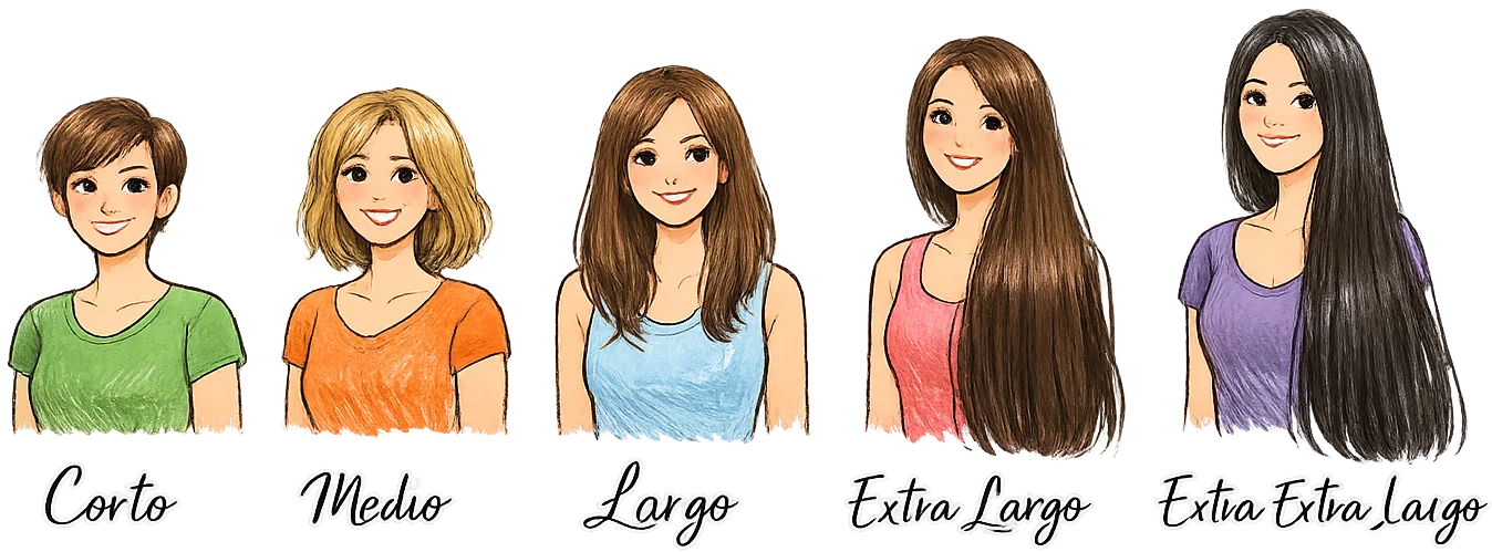 Guía visual de largos de cabello: corto, medio, largo, extra largo y extra extra largo